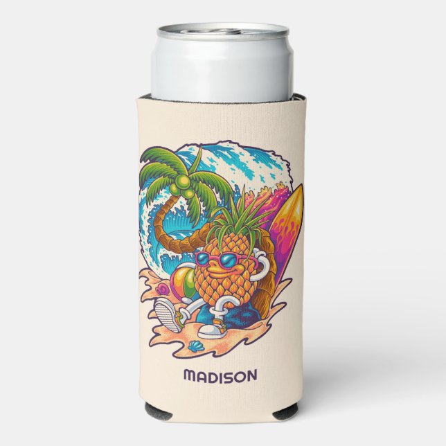 Custom Name Surfing Pineapple Seltzer Can Cooler (Seltzer Back)