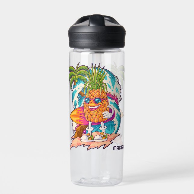 Custom Name Surfing Pineapple Water Bottle (Front)