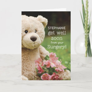 Custom Name Surgery Recovery, Teddy Bear & Flowers Card
