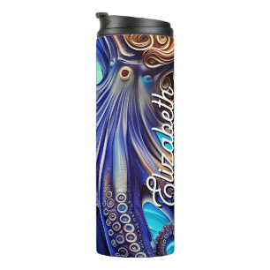 Custom Name Surreal Octopus Blue Ocean Wave Thermal Tumbler
