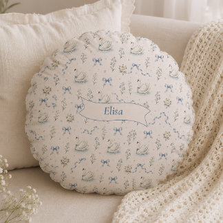 Custom Name Swan Lake Cottagecore Vintage Bow Gift Round Cushion