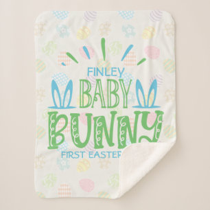 Custom NAME Sweet Baby Bunny First Easter Eggs Sherpa Blanket