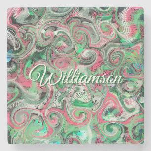 Custom Name Swirl Whimsical Abstract Green Red  Stone Coaster