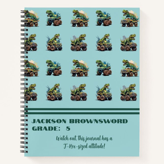 Custom Name T-Rex Dinosaur Pattern Blue Green  Notebook (Front)