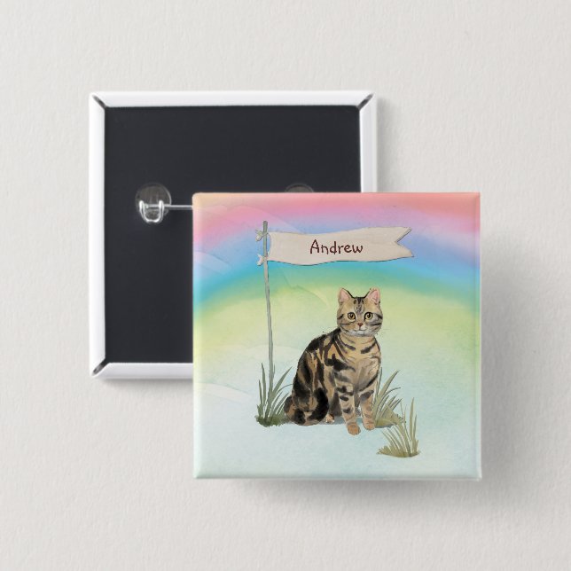 Custom Name Tabby Cat Pet 15 Cm Square Badge (Front & Back)