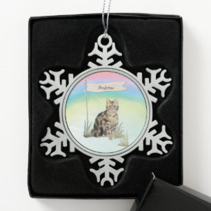 Custom Name Tabby Cat Pet Snowflake Pewter Christmas Ornament