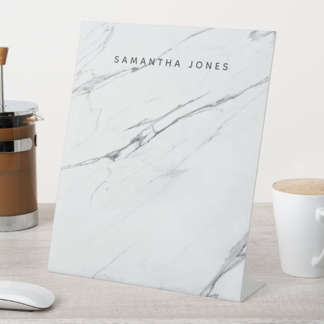 Custom Name Table Modern White Marble Table Pedestal Sign (In SItu)