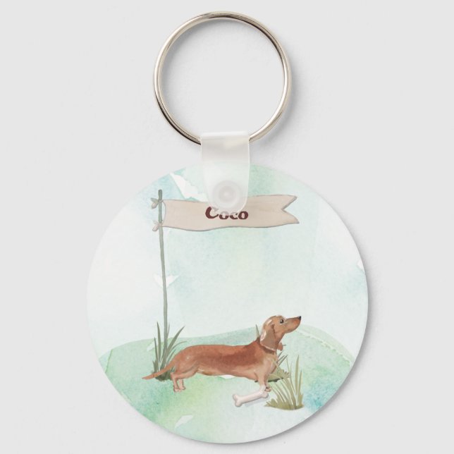 Custom Name Tan Dachshund Pet Dog Key Ring (Front)
