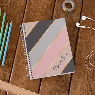 Custom Name Taupe Grey Pastel Blush Pink Stripes Planner