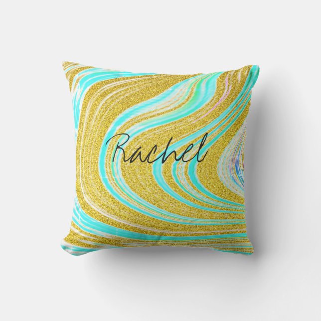 Custom Name Teal Blue Pink Gold Abstract Patterns Cushion (Front)
