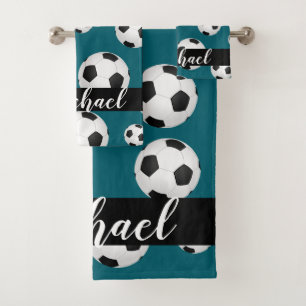 Custom Name Teal Blue Soccer Ball Towel