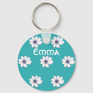 Custom Name Teal flower pattern Button Key Ring