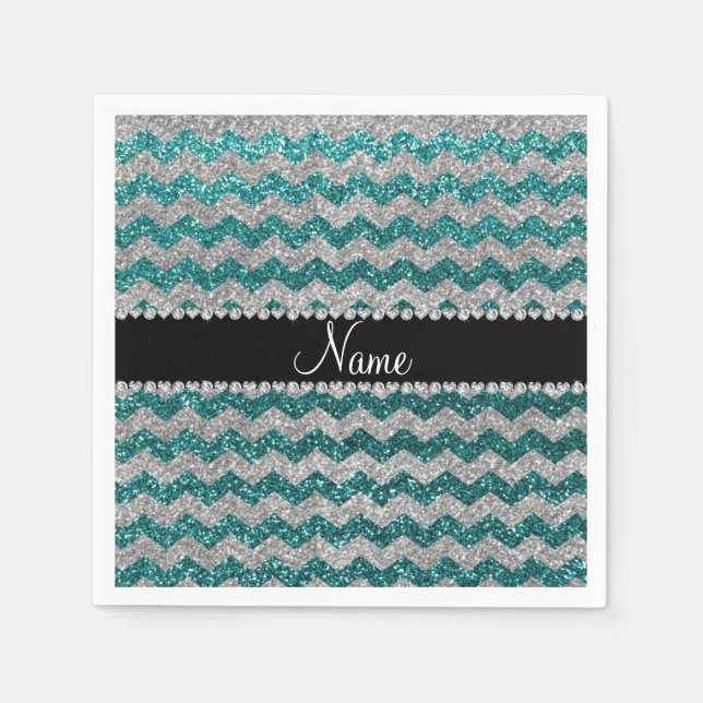 Custom name teal silver glitter chevrons napkin (Front)