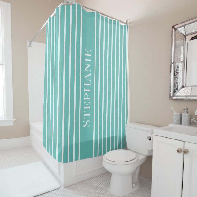 Custom Name Teal White Stripes Patterns Classy Shower Curtain (In Situ)