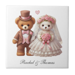 Custom Name Teddy Bear Bride and Groom Wedding Ceramic Tile