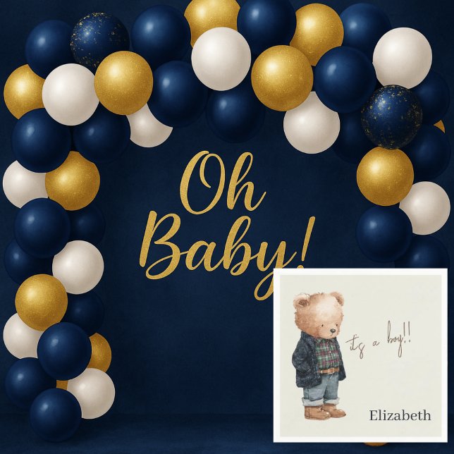 Custom Name Teddy Bear It's a Boy Baby Shower Napkin (Creator Uploaded)