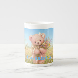 Custom Name Teddy Bear Wildflowers Bone China Mug
