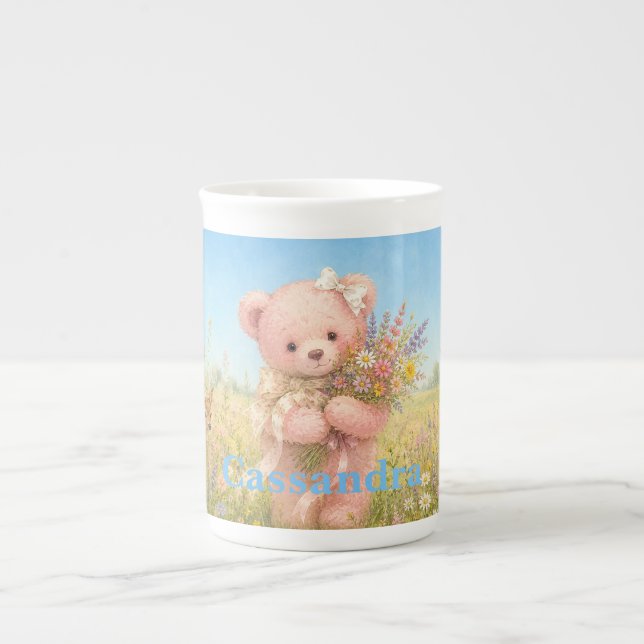 Custom Name Teddy Bear Wildflowers  Bone China Mug (Front)