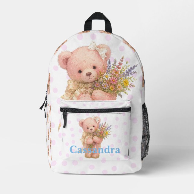 Custom Name Teddy Bear Wildflowers  Printed Backpack (Front)