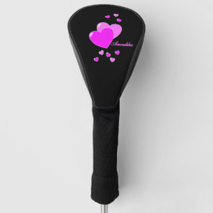 Custom Name Template Feminine Pink Hearts Black Golf Head Cover