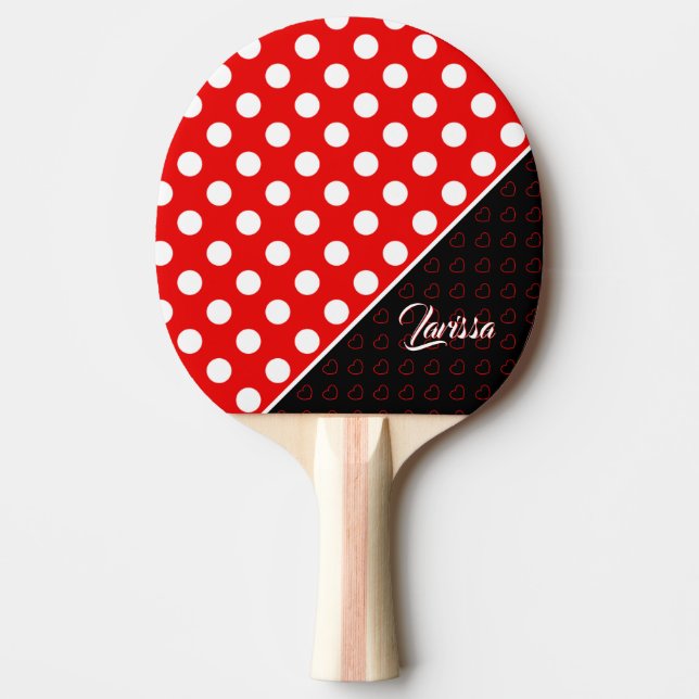 Custom Name Template Stylish Polka Dots Red/ Black Ping Pong Paddle (Front)