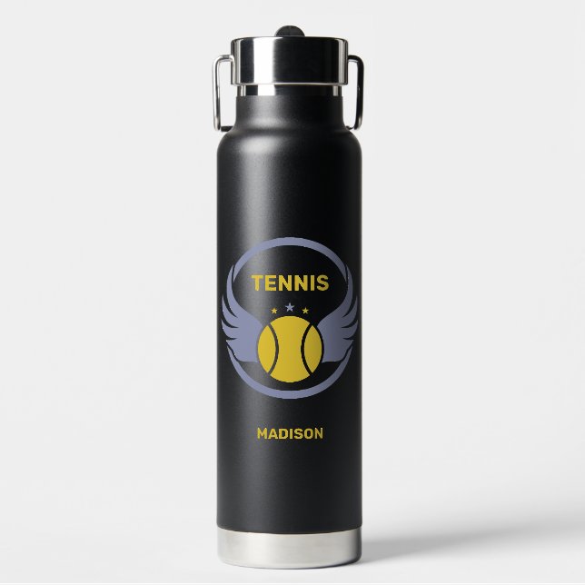 Custom Name Tennis Ball with Wings Water Bottle (Front)