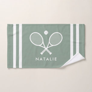 Custom Name Tennis Sage Green Stripes Hand Towel
