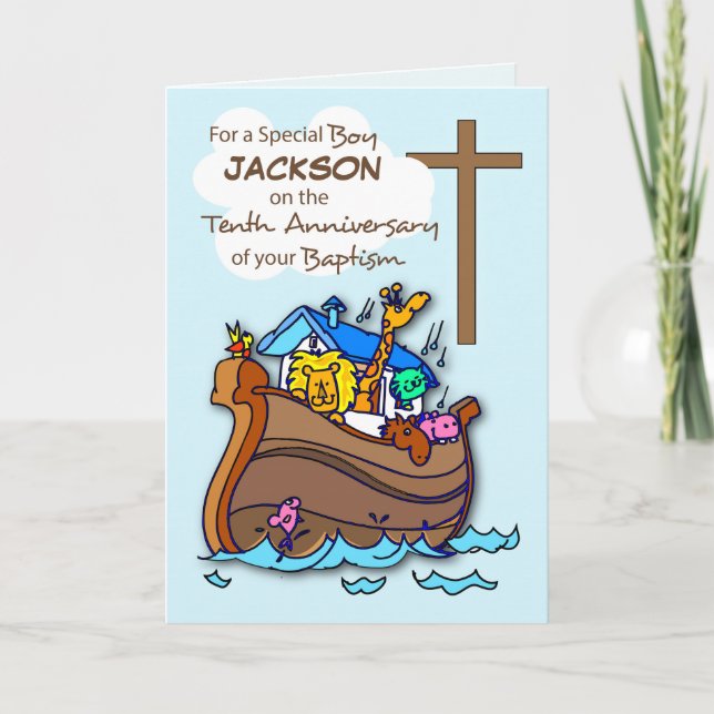 Custom Name Tenth Anniversary of Baptism Boy Ark Card (Front)