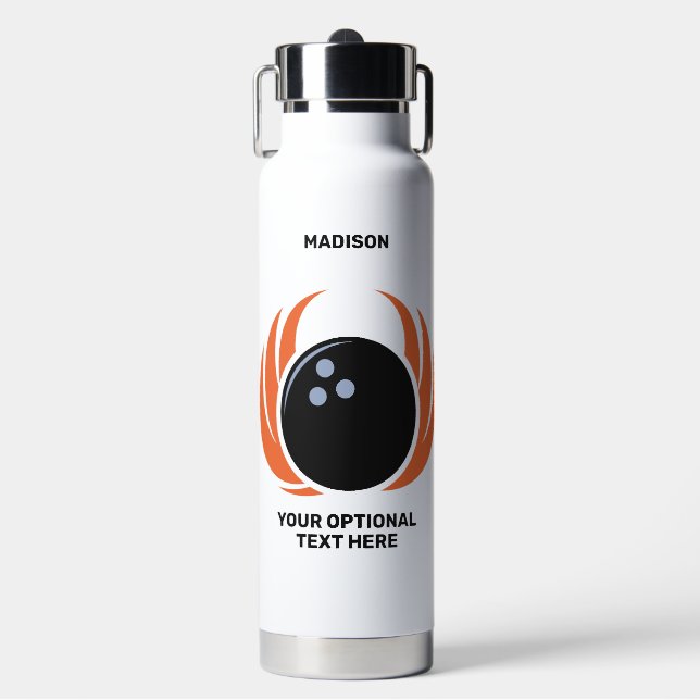 Custom Name & Text Bowling Ball with Flame Water Bottle (Front)