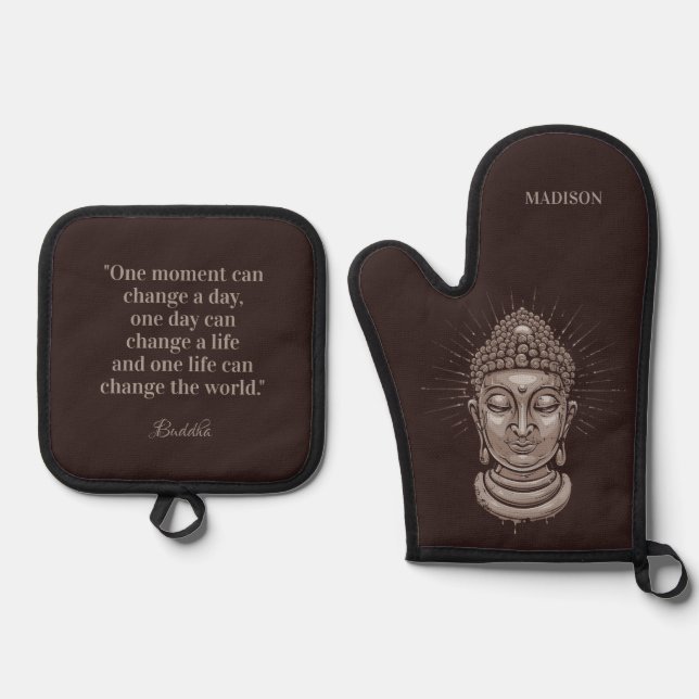 Custom name & text Buddha Quote Oven Mitt & Pot Holder Set (Front)