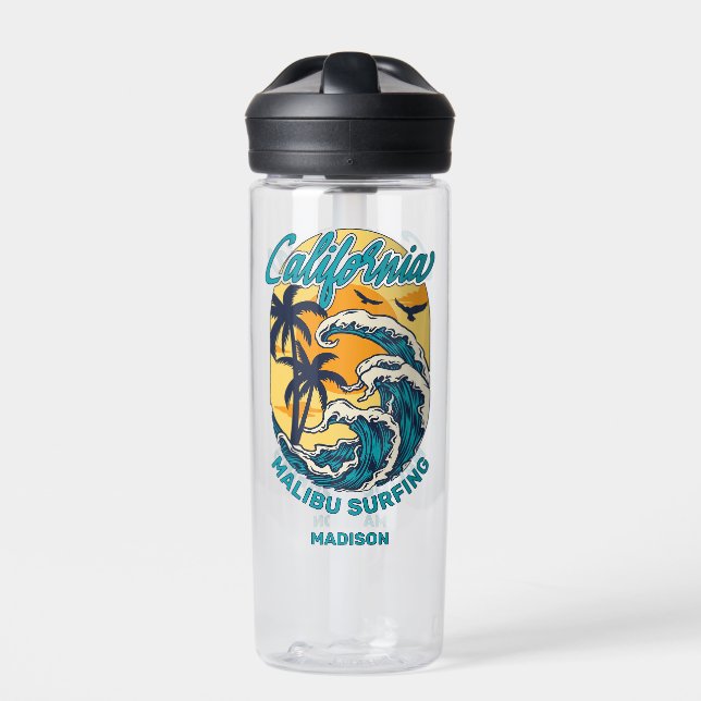 Custom Name / Text California Surfing Water Bottle (Front)