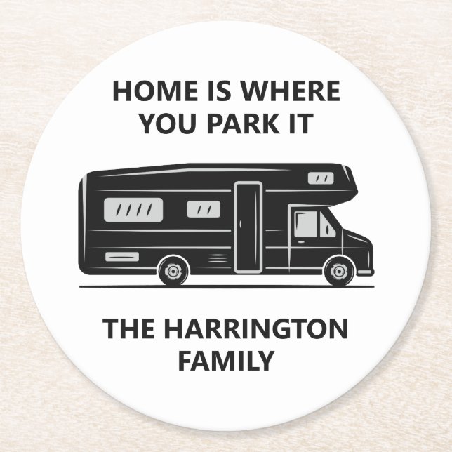Custom Name & Text Camper Van Round Paper Coaster (Front)