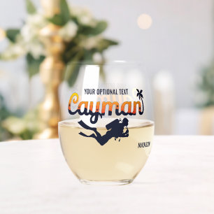 Custom Name & Text Cayman Islands Scuba Diver Stemless Wine Glass