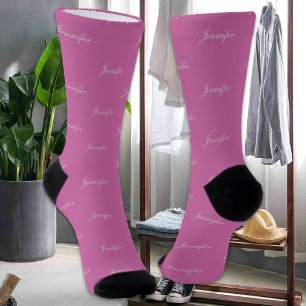 Custom Name Text Color Simple Elegant Pink Socks