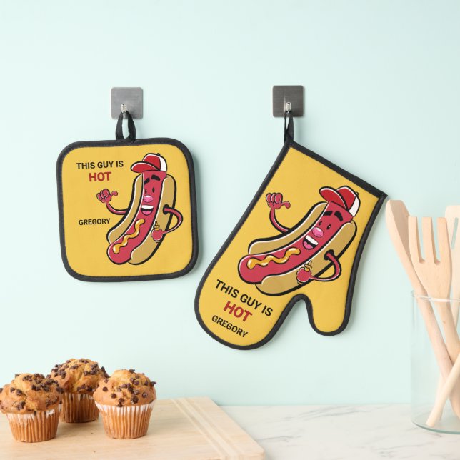 Custom Name, Text & Colour Hot Dog Oven Mitt & Pot Holder Set (Insitu(Hanging))