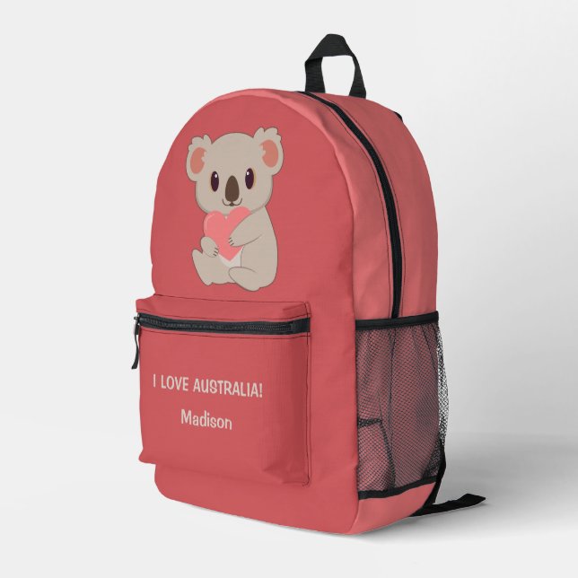 Custom Name, Text  & Colour Love Koala Printed Backpack (Back Corner Right)