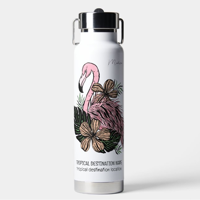 Custom Name, Text & Colour Pink Flamingo Water Bottle (Front)
