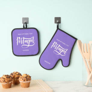 Custom Name, Text & Colour Portugal Oven Mitt & Pot Holder Set