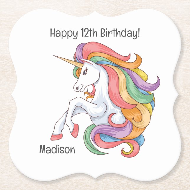 Custom Name & Text Colourful Unicorn Paper Coaster (Front)