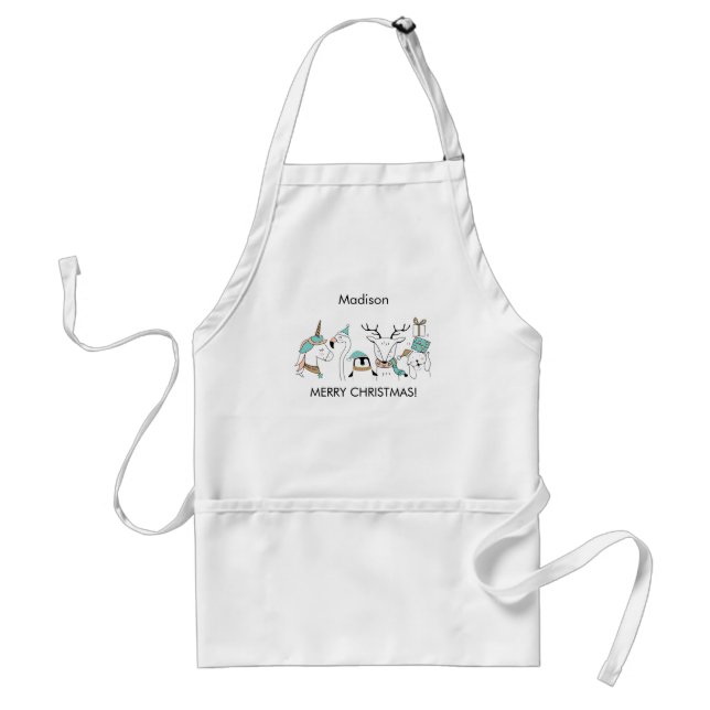 Custom Name & Text Cute Christmas Animals Standard Apron (Front)