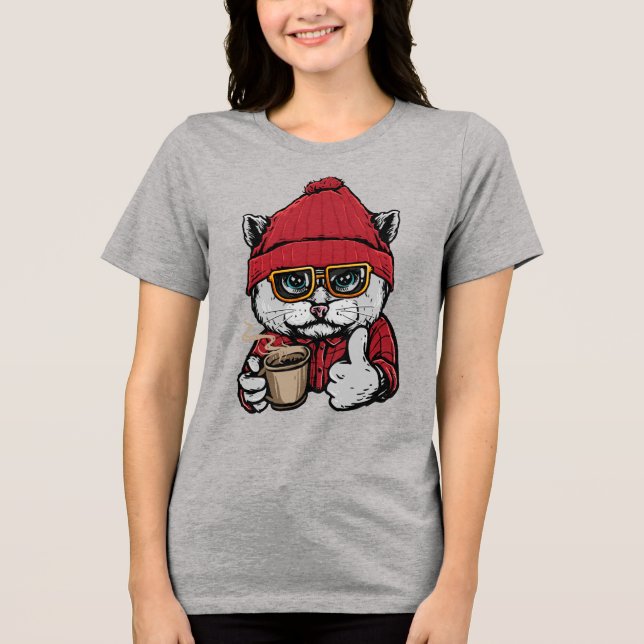 Custom Name / Text Cute Coffee Cat Tri-Blend Shirt (Front)
