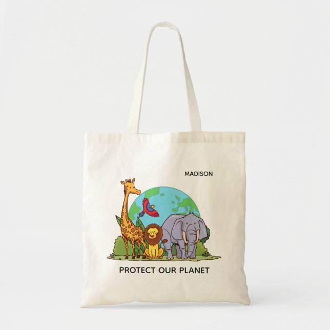 Custom Name & Text Earth with Animals Tote Bag (Front)