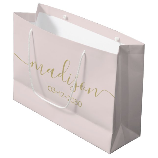 Custom Name Text Elegant Gold Script Blush Pink Large Gift Bag (Front Angled)