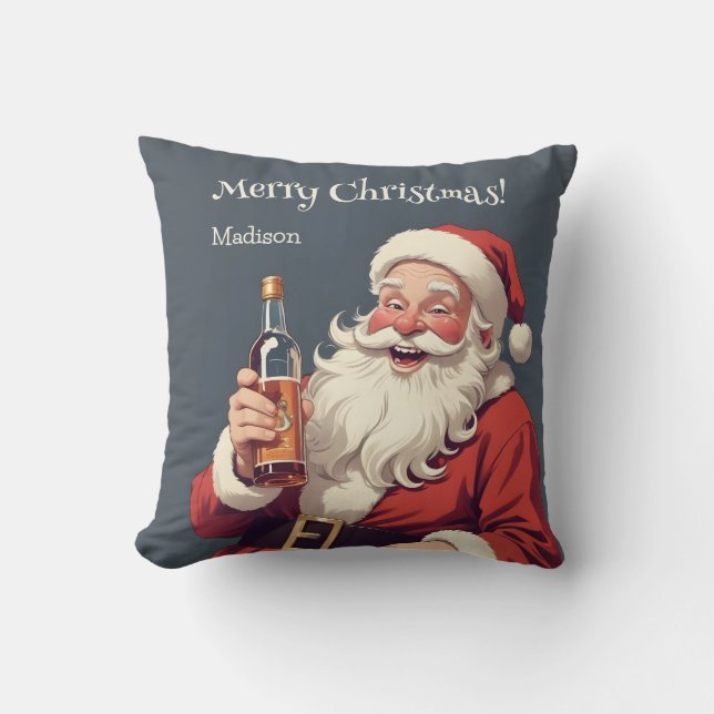 Custom Name & Text Funny Drunk Santa Cushion (Front)