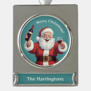 Custom Name & Text Funny Drunk Santa Silver Plated Banner Ornament
