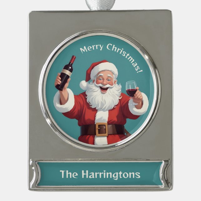 Custom Name & Text Funny Drunk Santa Silver Plated Banner Ornament (Front)