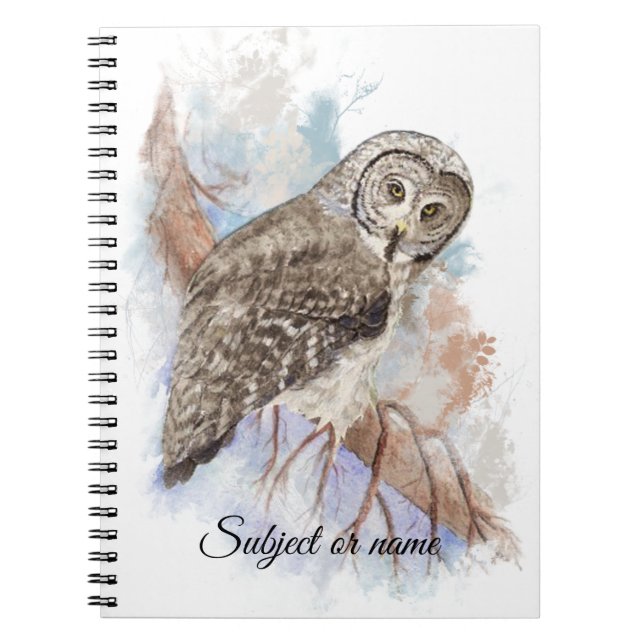 Custom Name  Text Great Gray Owl Bird Nature Art Notebook (Front)