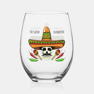 Custom name / text Mexican skull Stemless Wine Glass