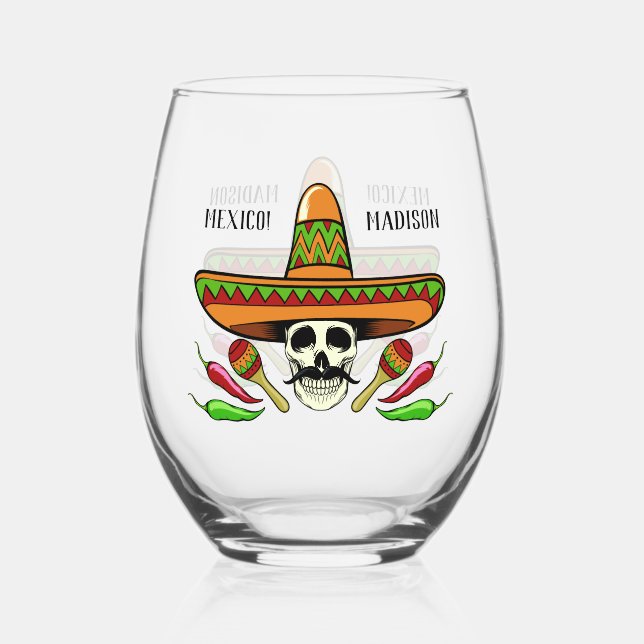 Custom name / text Mexican skull Stemless Wine Glass (Front)
