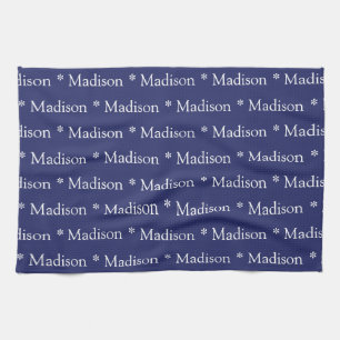 Custom name text navy blue white pattern tea towel